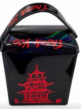 Black Patent and Holograph ‘Thank You' Takeout Bag with Red Pagoda Print